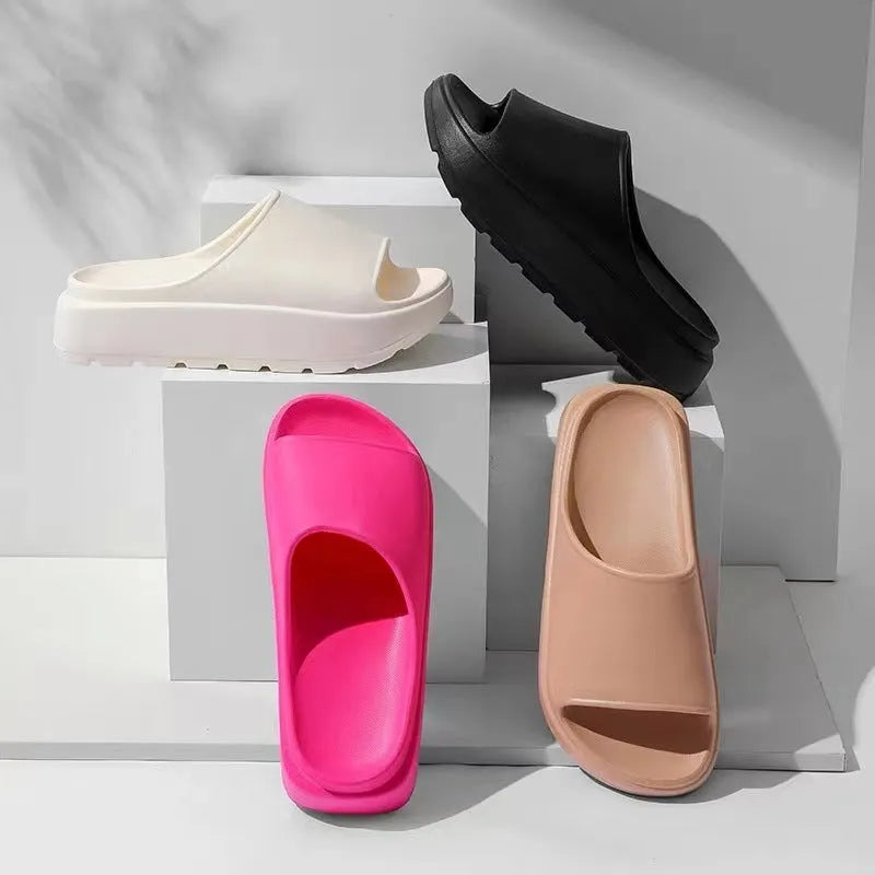 Women's beige fish mouth slippers with a thick 5.5cm sole for beach and bathroom use.
