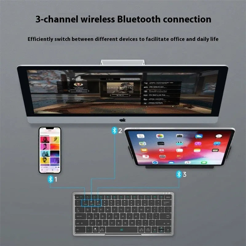 Black and grey three-in-one wireless Bluetooth keyboard with touch pad and leather sheath stand for iPad.