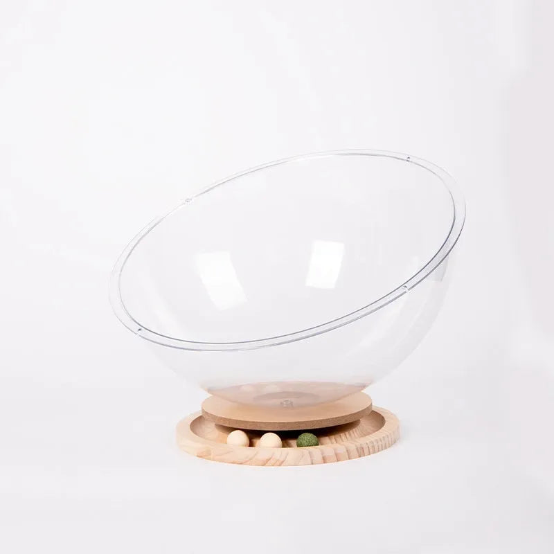 Transparent acrylic space capsule bathtub cat bed on a white background
