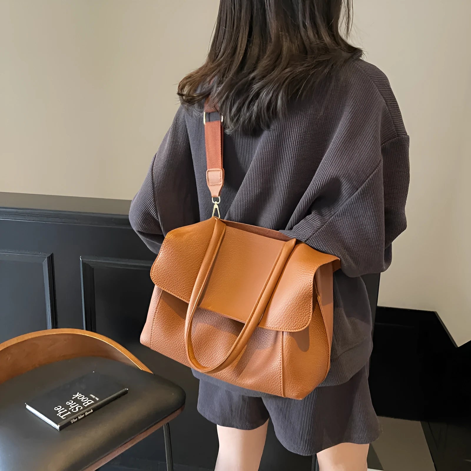 Horizontal square PU leather tote bag with double shoulder straps in five colour options