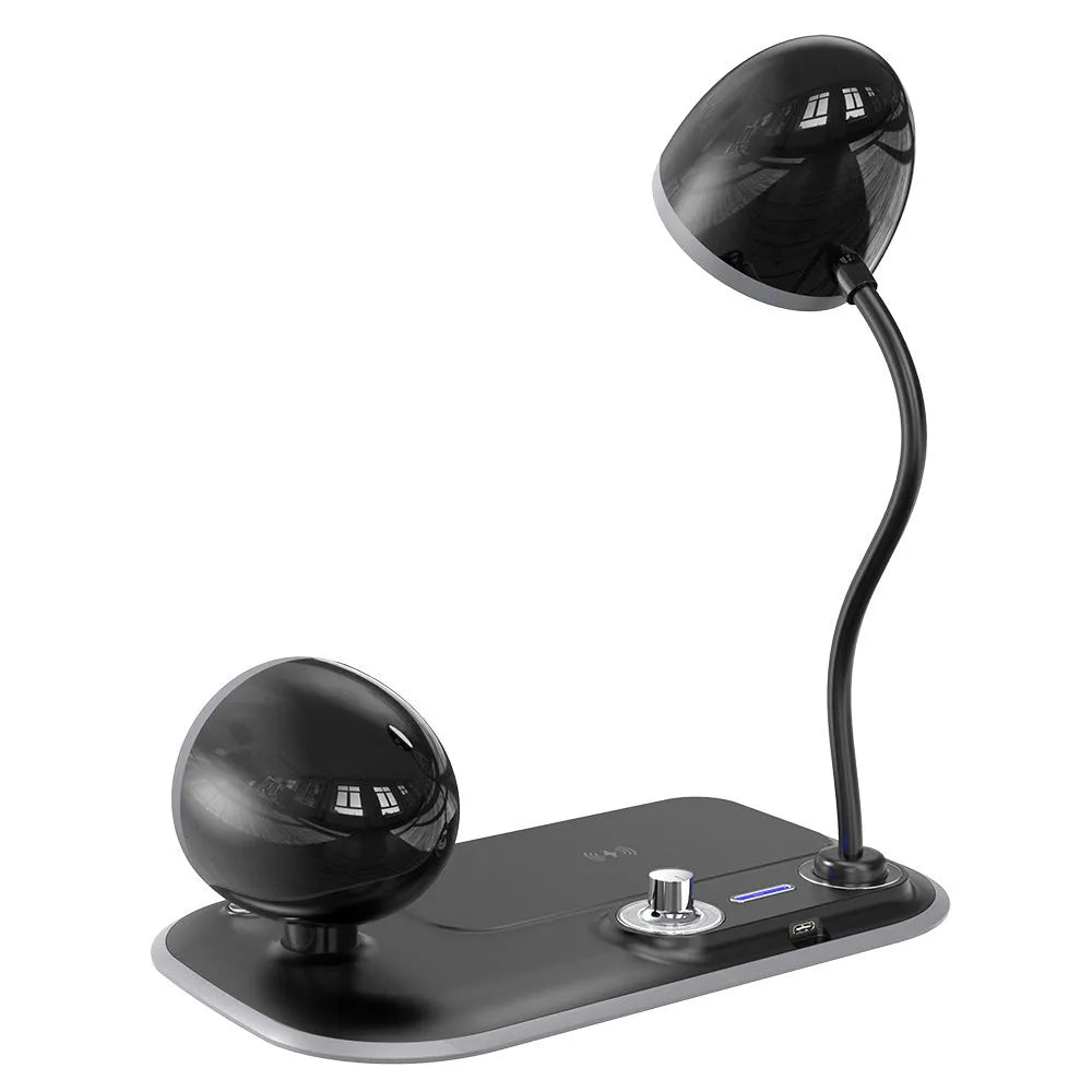 White desk lamp with integrated digital clock display and wireless charging pad surface