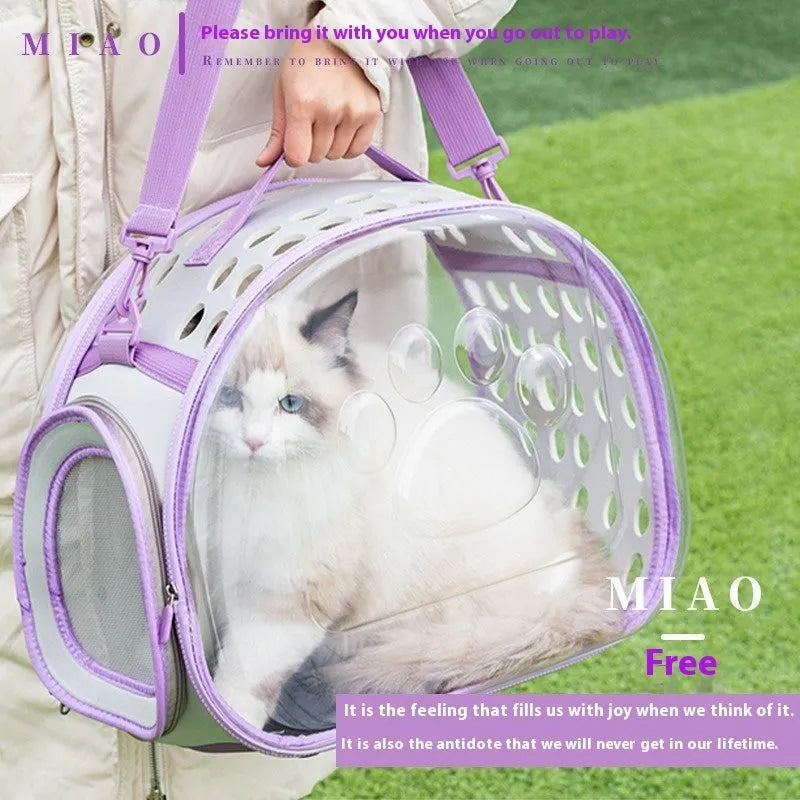 Transparent hard EVA cat backpack carrier in grass green colour with visible interior space