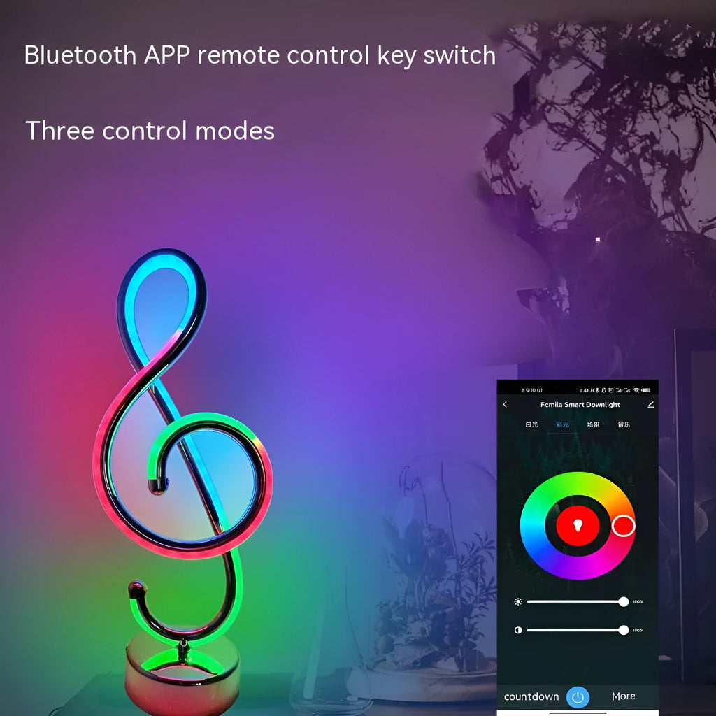 Black musical note shaped Bluetooth RGB mood light with iron and aluminium construction for smartphone control