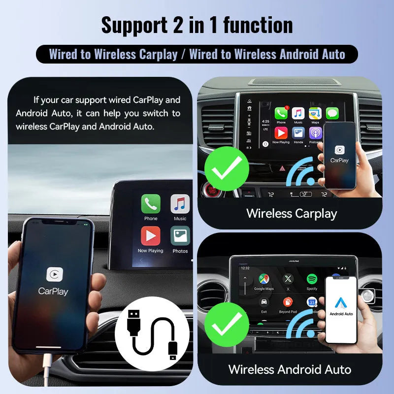Black mini CarPlay USB wireless interface adapter measuring 26mm by 55mm by 13mm