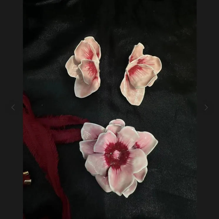 Pastoral style alloy flower stud earrings with electroplated finish and oil-spot glaze texture