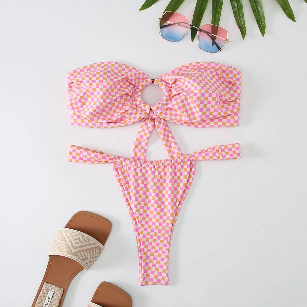Women's floral printed tube top ring bikini swimsuit with briefs bottom