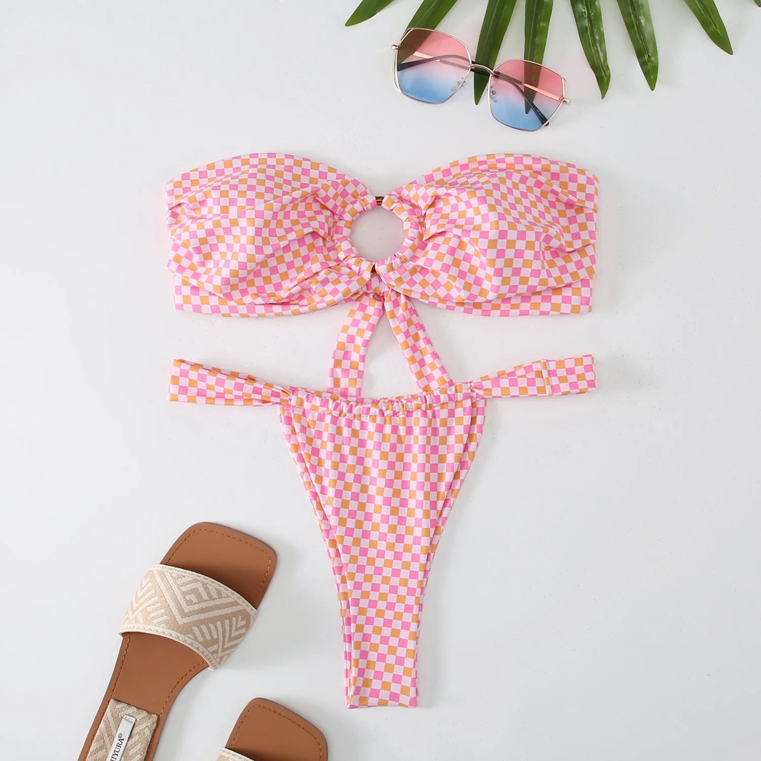 Women's floral printed tube top ring bikini swimsuit with briefs bottom