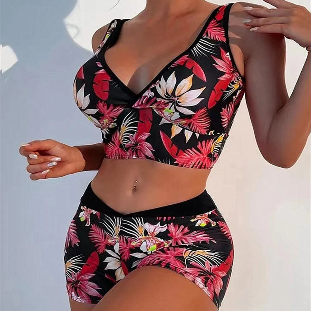 Women's two-piece swimsuit set with printed boxer shorts and a sleeveless bikini top in multiple colours.