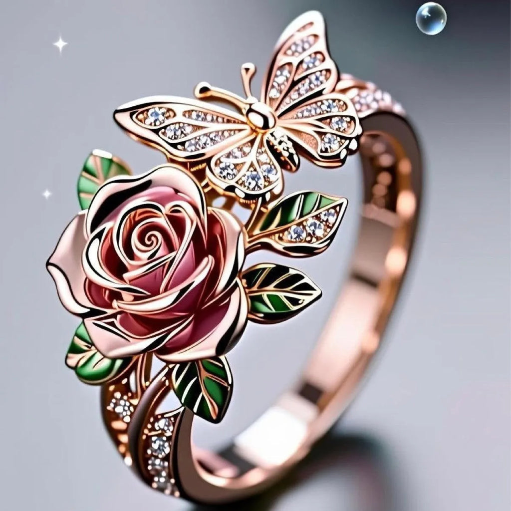 Adjustable butterfly and floral ring with dripping oil colour finish on alloy metal