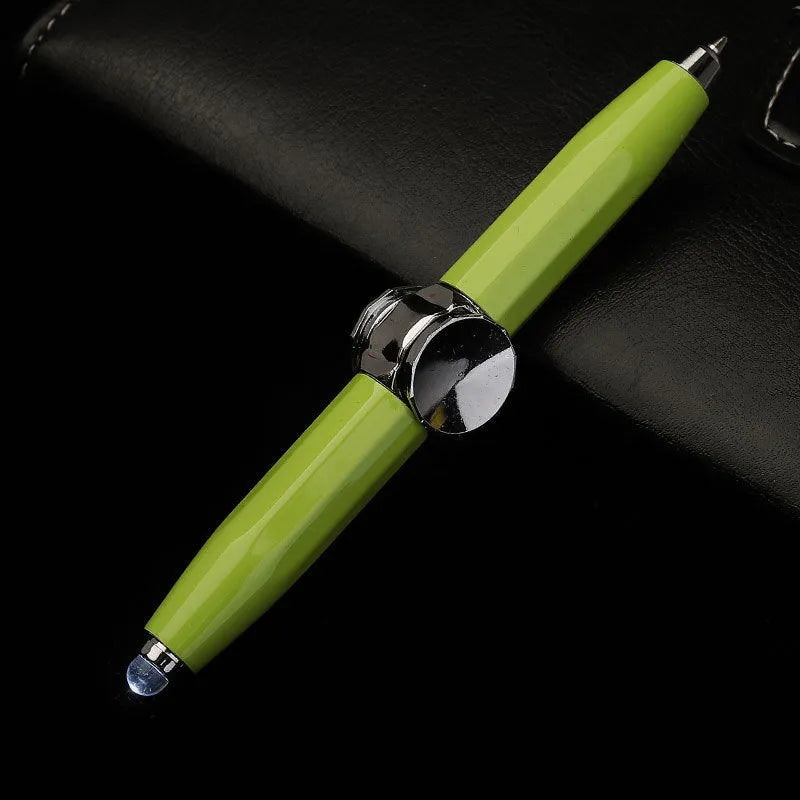 Metal ballpoint pen with integrated fingertip spinner and LED lights, shown in hand