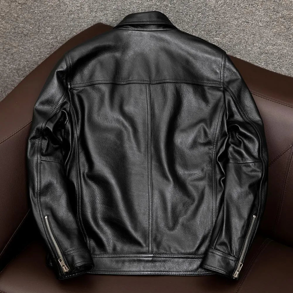 Men's black lapel PU leather jacket with side pockets and loose fit design for plus size wearers