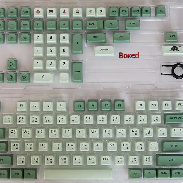 Matcha green PBT keycap set with 124 keys for mechanical keyboards, showing sublimation dye legends.