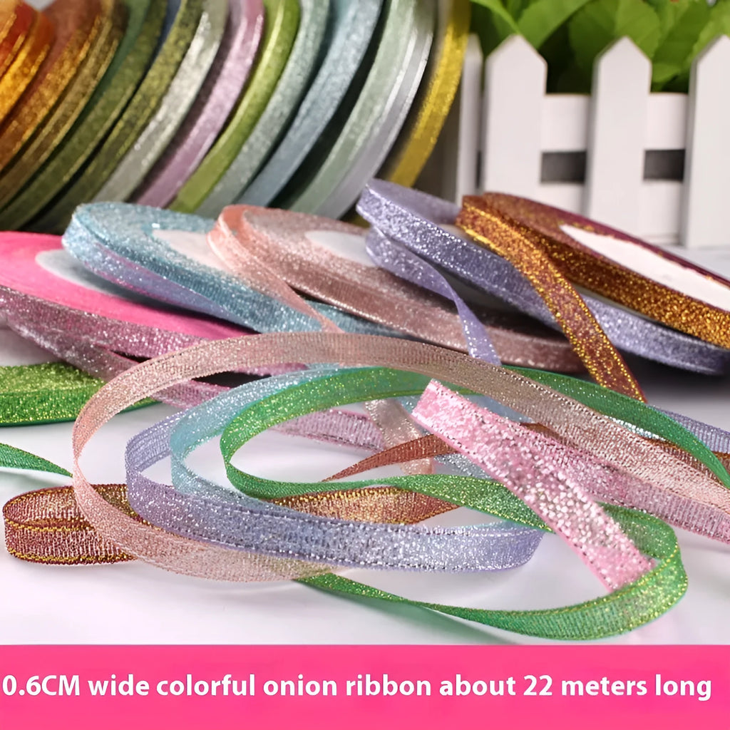 Roll of narrow 0.6cm wide polyester gift wrapping ribbon in assorted colours, showing 22 metre length.