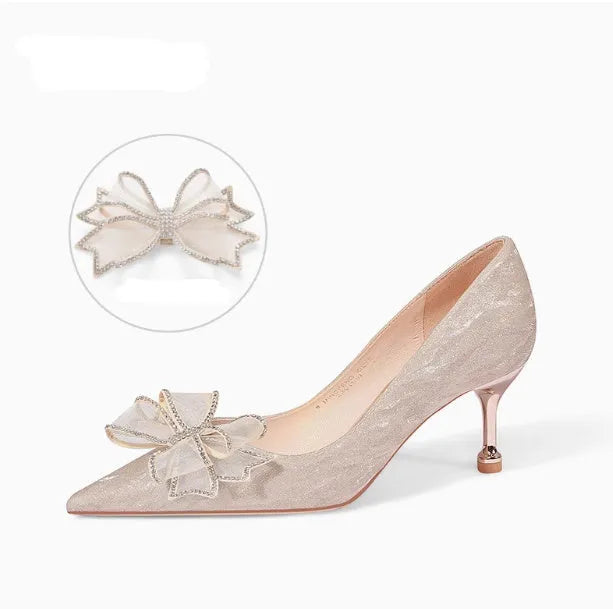 Champagne gold crystal sequin pointed toe stiletto heel wedding shoes with low-cut vamp