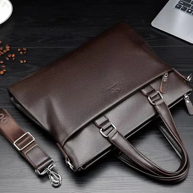 Black and brown men's PU leather messenger bag with splicing design on strap.