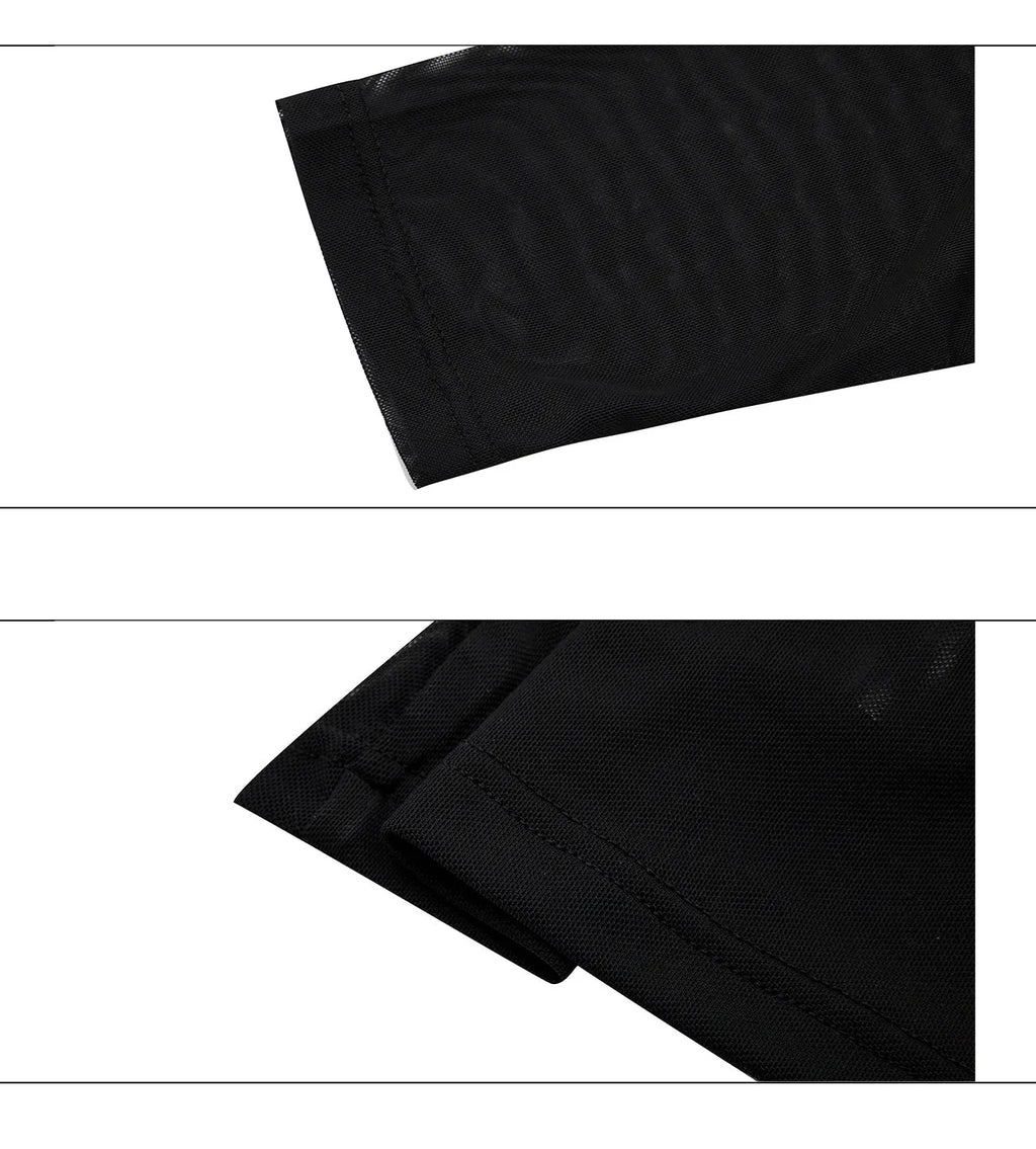 Niche mesh slim fit long sleeve shirt in black and white on a mannequin