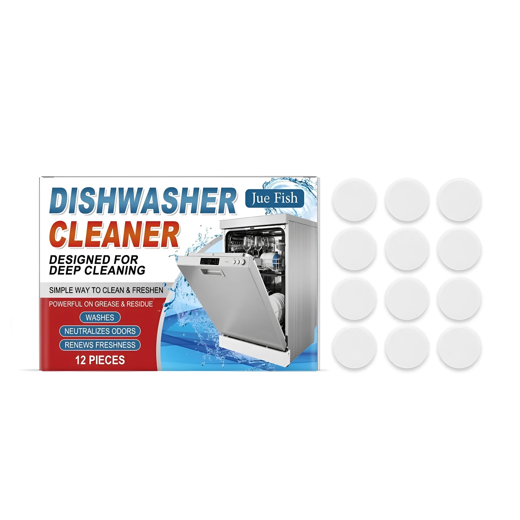 Pack of 12 white dishwasher cleaning tablets for limescale and grease removal