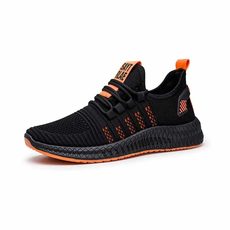 Men's black casual low-top trainers with flying weave upper, cross straps, and a striped pattern.
