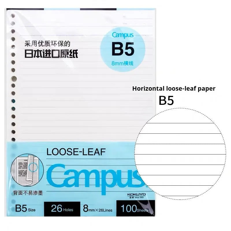 Refillable loose-leaf spiral notebook with PP cover open, showing raw wood pulp paper in grid ruling.