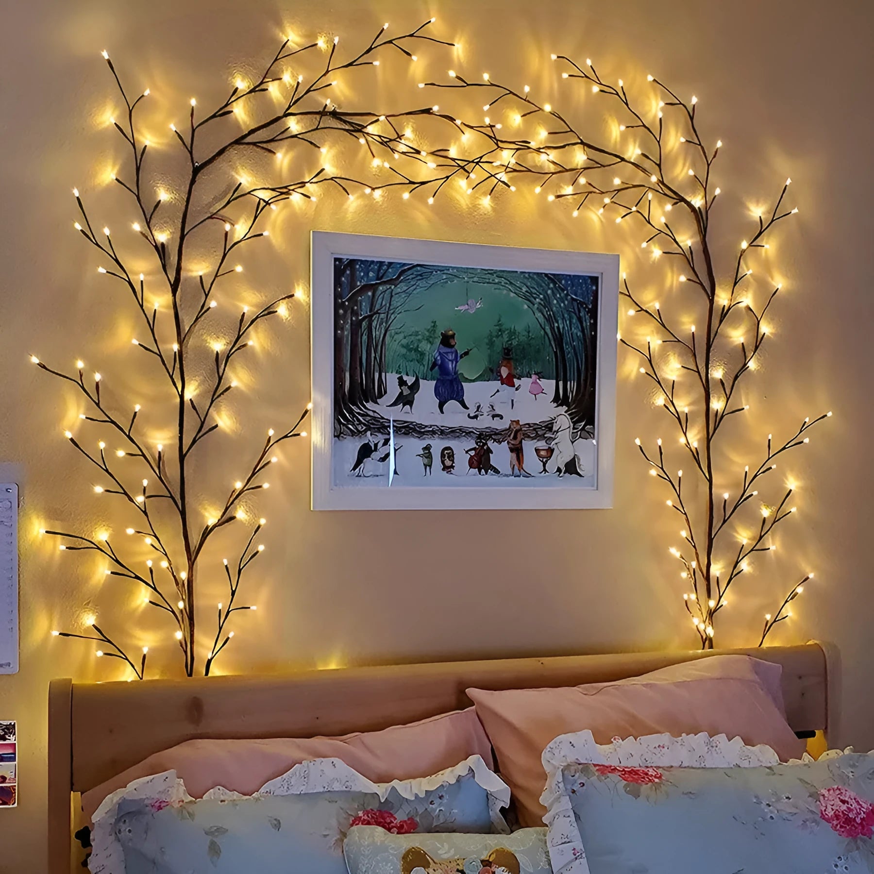 Flexible LED willow vine light garland with birch texture and 144 warm white lights on 2.3 metre branch