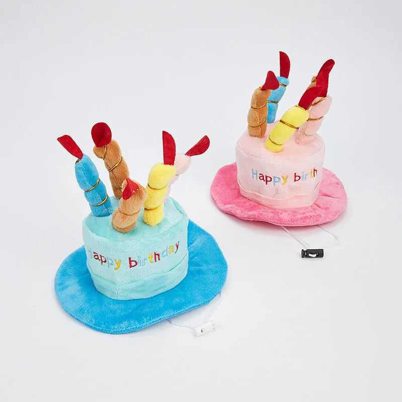 Blue or pink felt dog birthday hat for small to medium sized dogs, approximately 21cm by 15cm