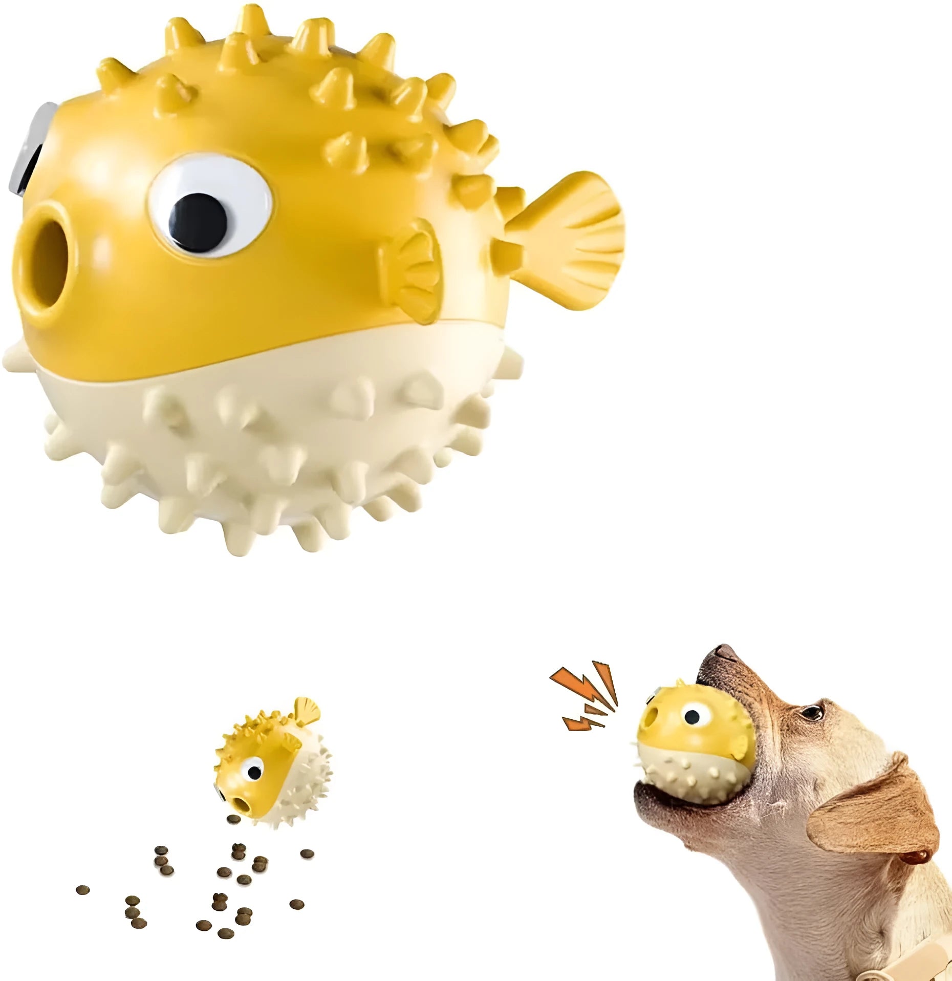 Green fish-shaped dog toy with textured surface for dental cleaning and treat dispensing