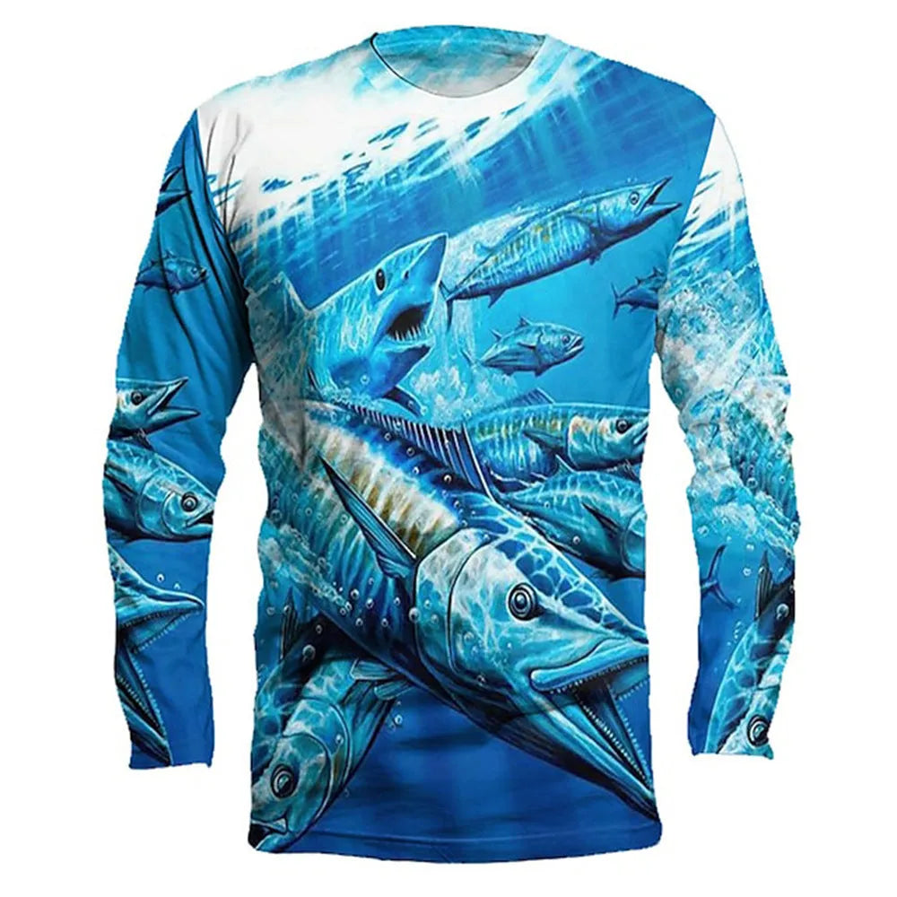 Men's grey pullover with a large printed blue fish design on the front, featuring long sleeves and a round neck.