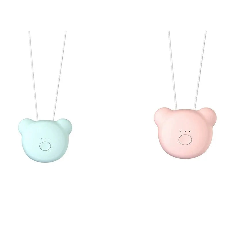 Mini USB portable air purifier necklace in pink, showing compact design with a wearable collar.