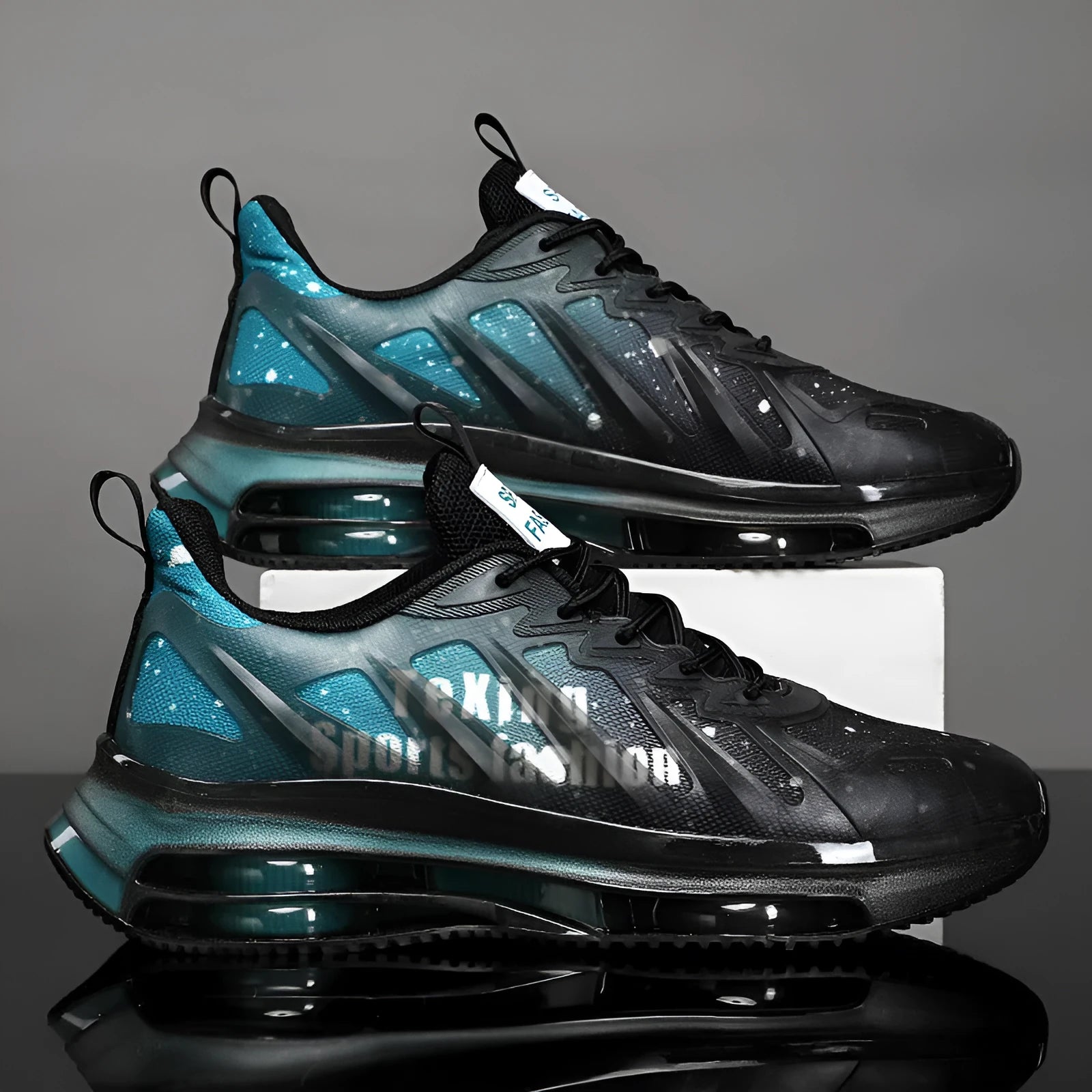 Men's black green heightened platform casual shoes with mesh upper and rubber sole.