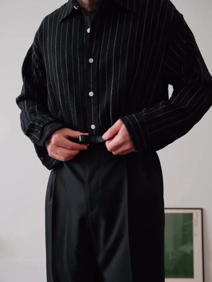 Men's black pinstripe button-down shirt with regular fit and long sleeves
