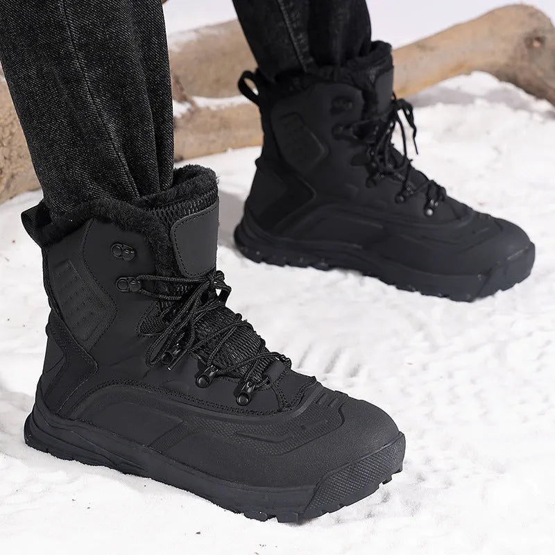Men's black high-top boots with fleece lining and lace-up front on a ribbed sole.