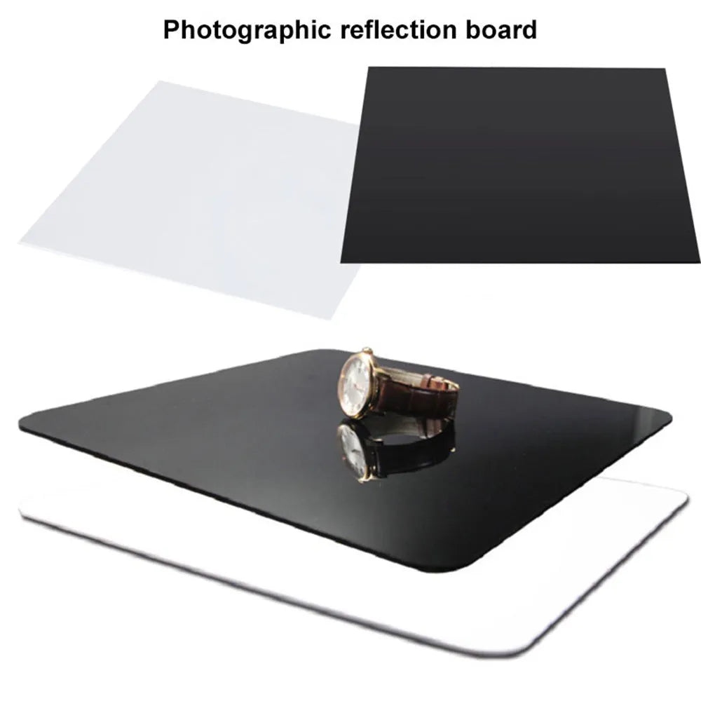 Black and white square acrylic reflection boards for product photography in three sizes.