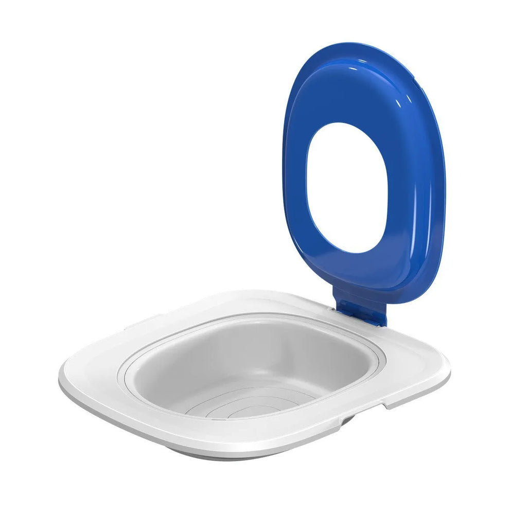 Fifth generation cat toilet trainer and matching mat set in blue, made from ABS plastic.