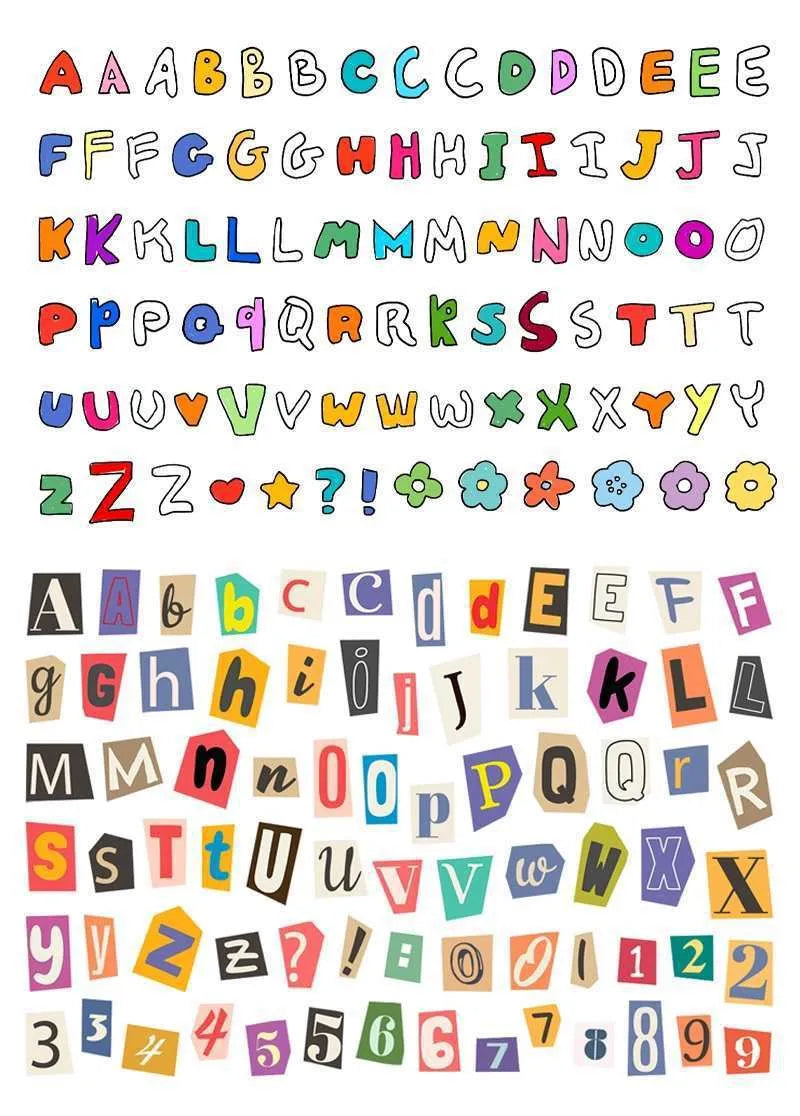 Set of printed vinyl decoration stickers showing English letters A, B, C, D, E and weekly words in a cute style.