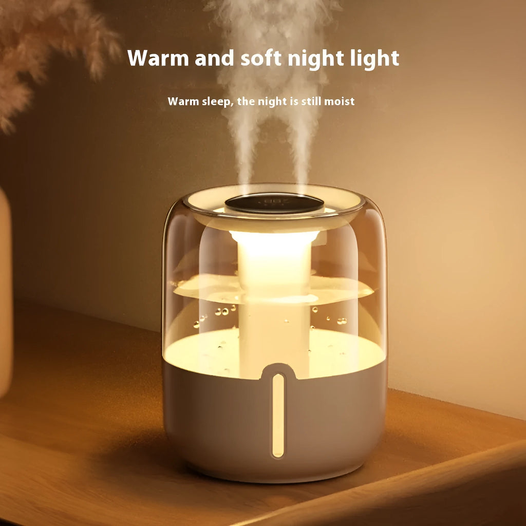Beige large capacity humidifier with digital display and dual spray outputs