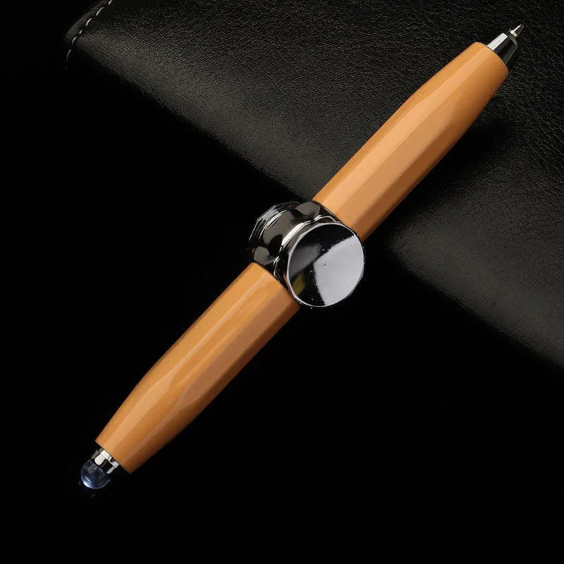 Metal ballpoint pen with integrated fingertip spinner and LED lights, shown in hand