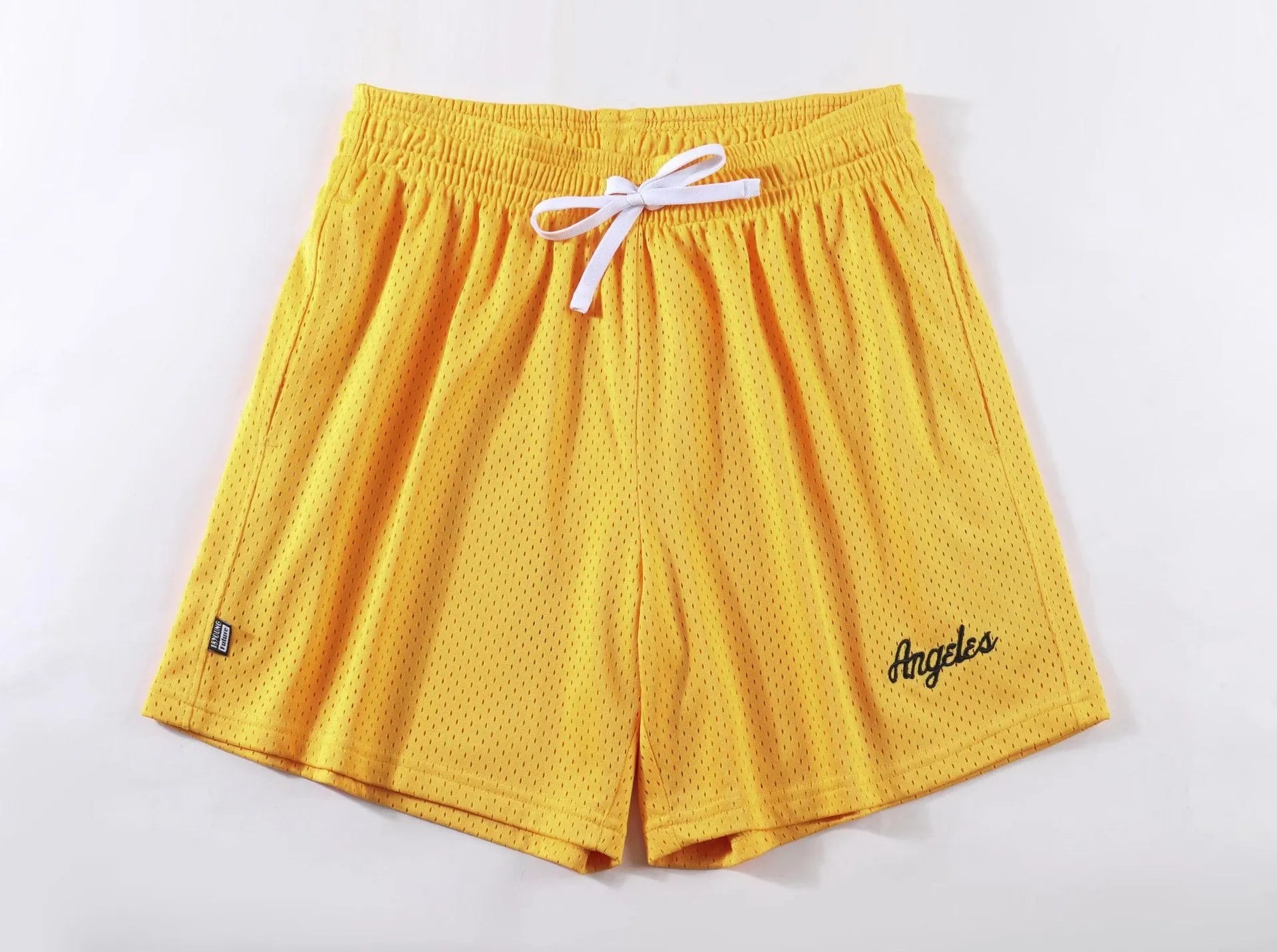Men's black double-layer mesh shorts laid flat, showing sports and leisure style.