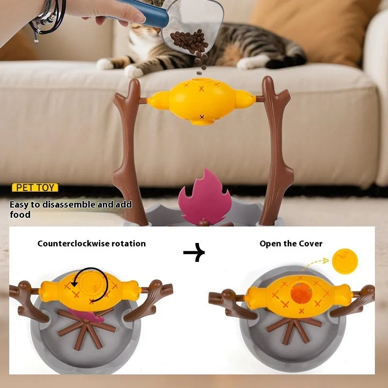 Barbecue-shaped plastic cat feeder toy for dispensing dry kibble during play.