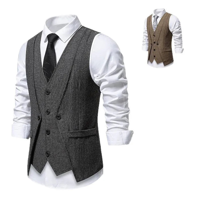 Men’s retro fake two-piece slim-fit vest coat in dark gray for formal banquet wear