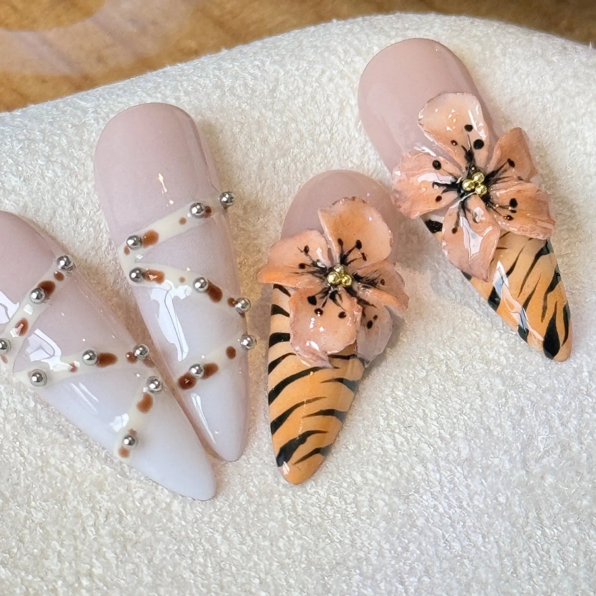 Handmade French style leopard print nail stickers with cross and flower patterns in retro hot girl design