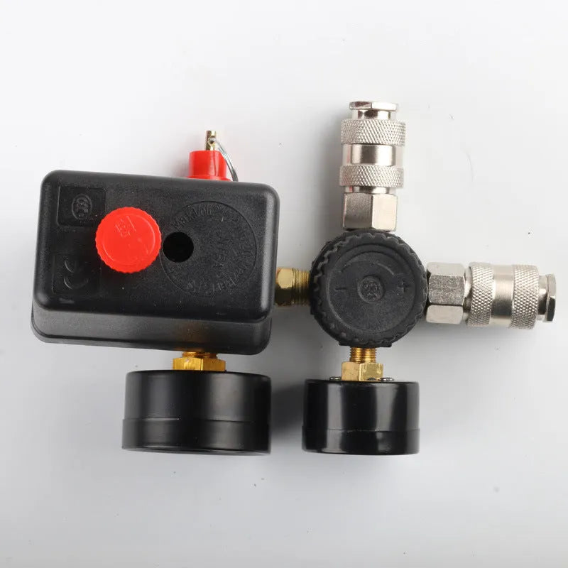 European style air compressor pressure switch with technical specifications printed on housing