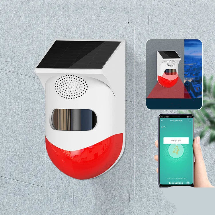 Solar-powered infrared motion detector alarm with wireless remote for outdoor security