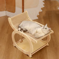 Solid wood cat scratching mat with sisal surface and integrated lounging bed in walnut colour finish