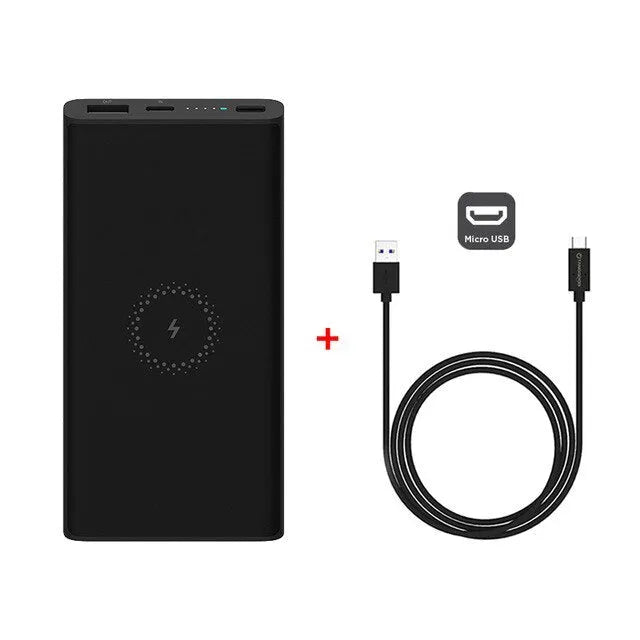 White 10000mAh power bank with USB port and wireless charging surface