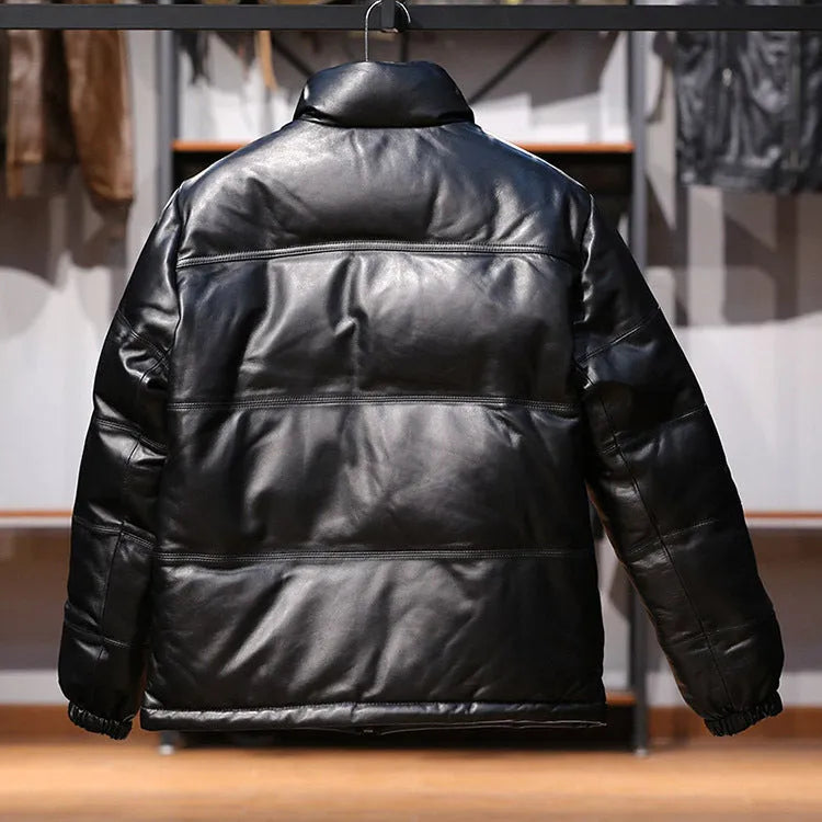 Men's black stand collar sheepskin down leather jacket with pocket decoration on a hanger