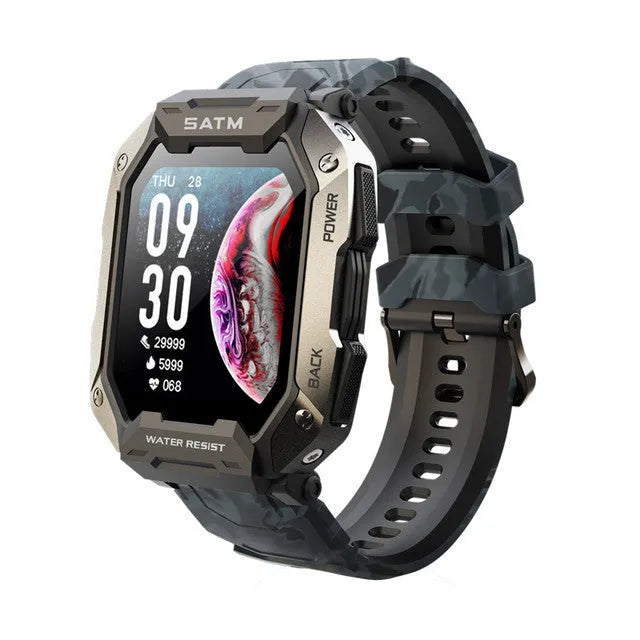 Men's smartwatch with silicone strap showing heart rate and blood pressure monitoring on display