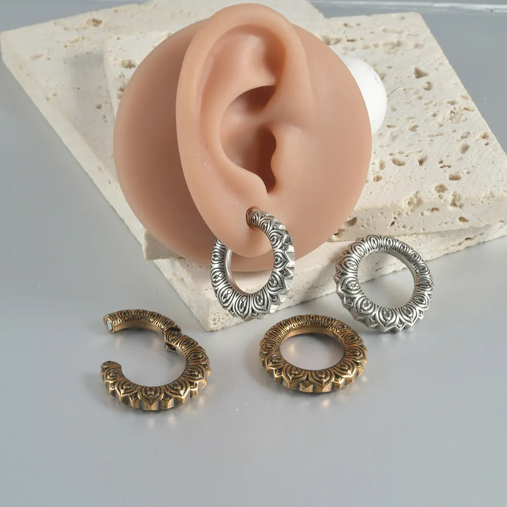 Large geometric dragon earrings with antique silver finish and hollow copper design