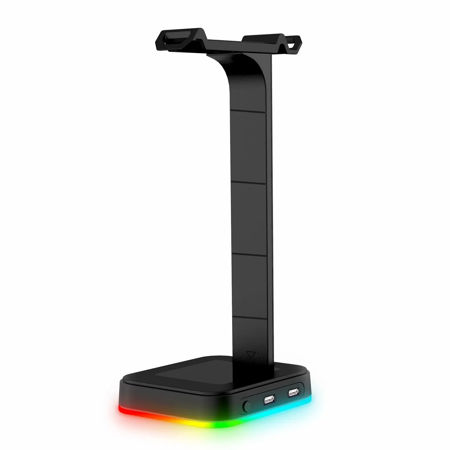 RGB colour-changing headset display bracket with dual USB ports and a 1.5-metre cable on a desk