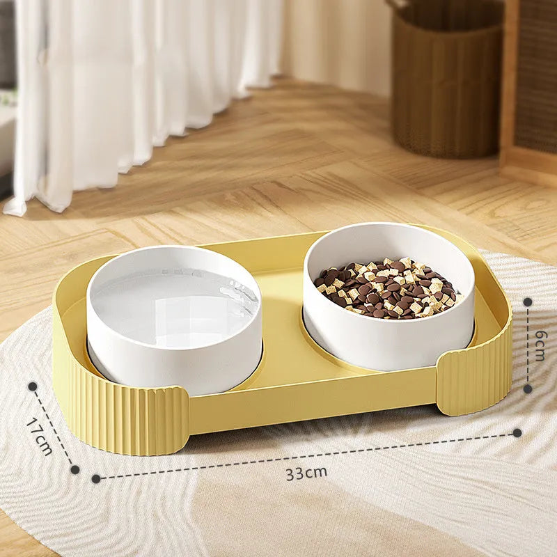 Tilted ceramic pet bowls on elevated stand with 15-degree angle for cats and dogs