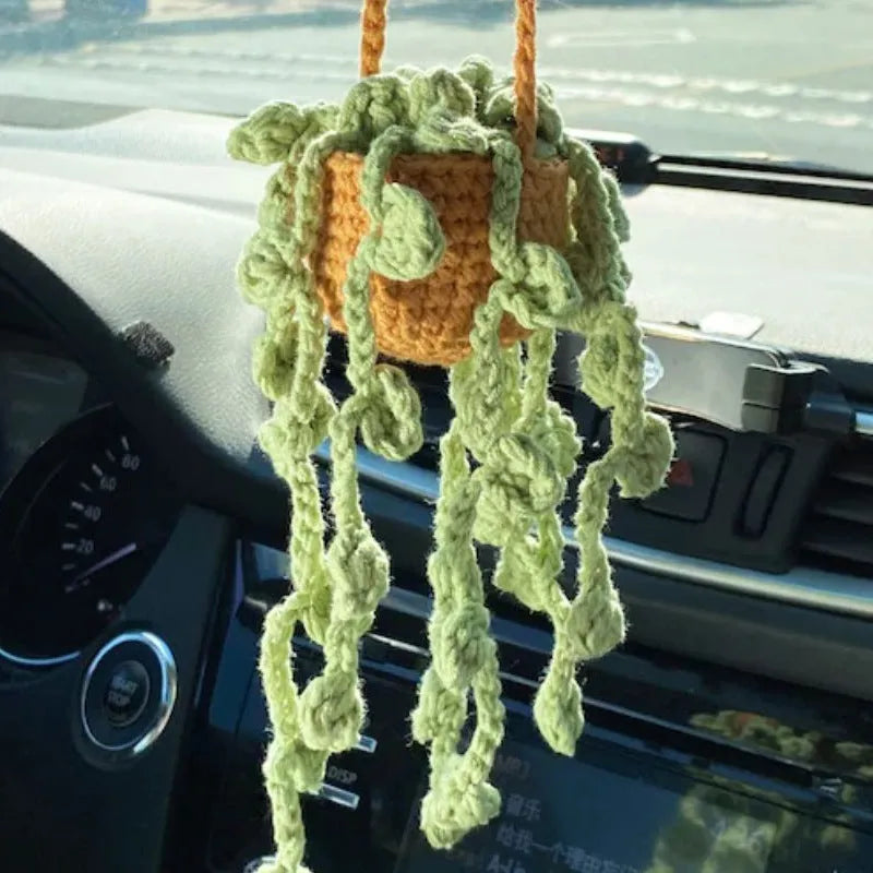 Green and white knitted car plant decoration with hanging rope on 8cm plastic base